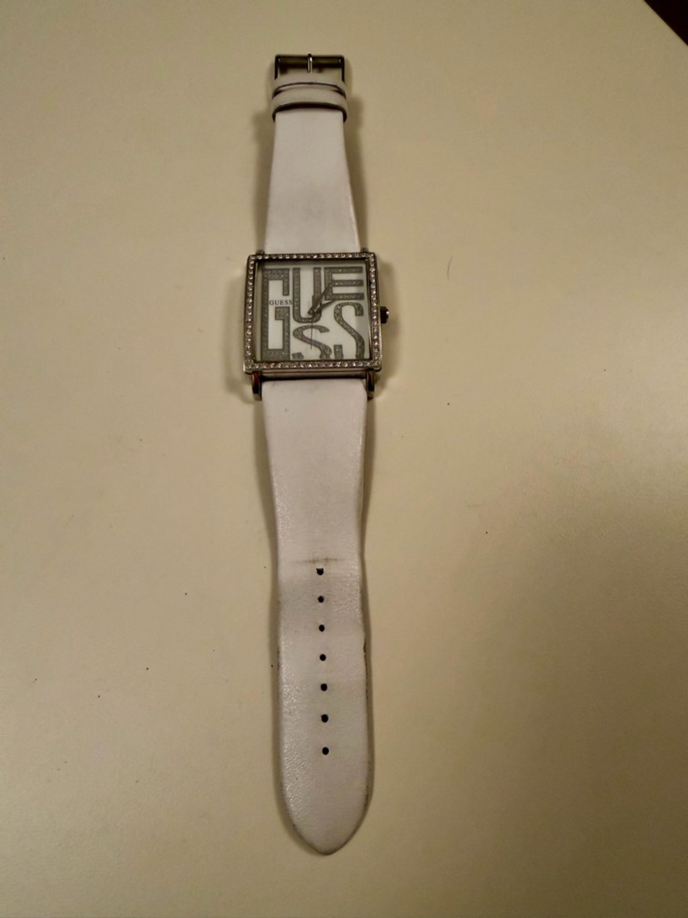 GUESS White Leather Strap Watch | Silver Square Face Rhinestone Statement Watch